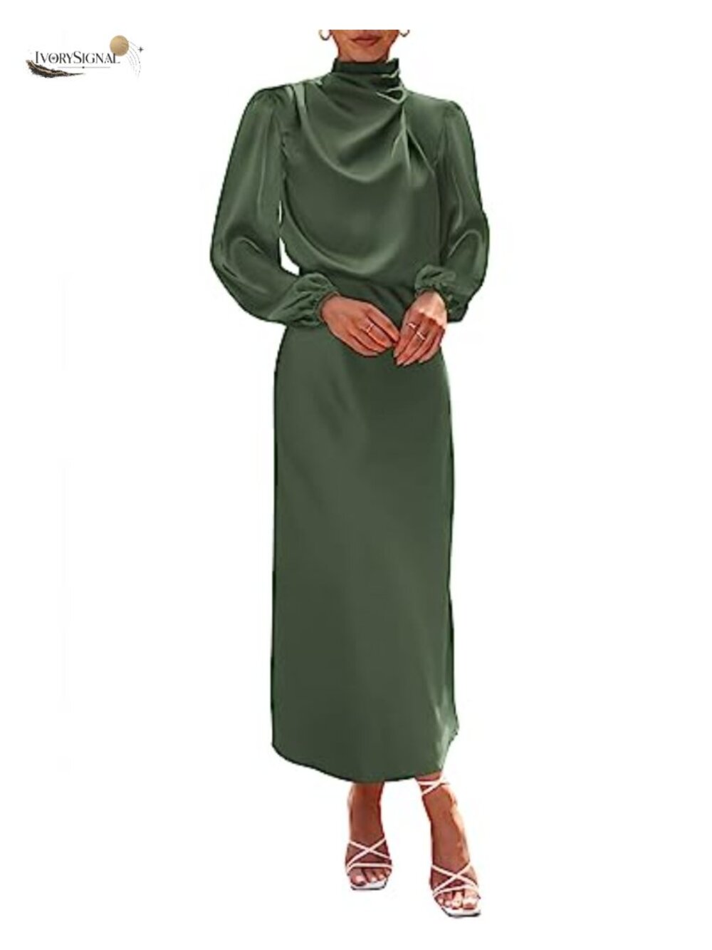 Women's Mock Neck Satin Maxi Dress with Lantern Sleeves Cocktail Evening